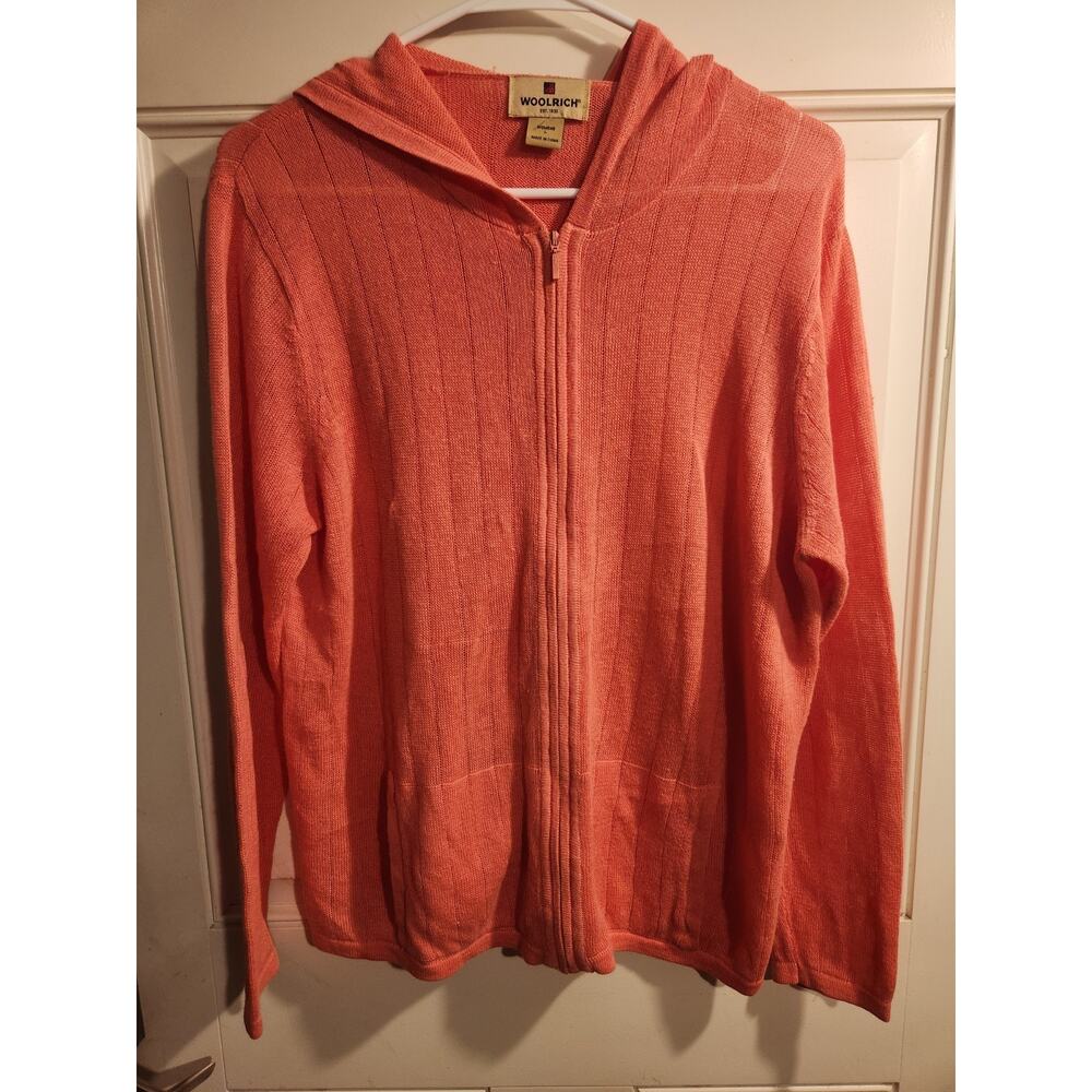 Vintage Large Women's Woolrich Sweater Cardigan With Hood Light Weight Coral Zip